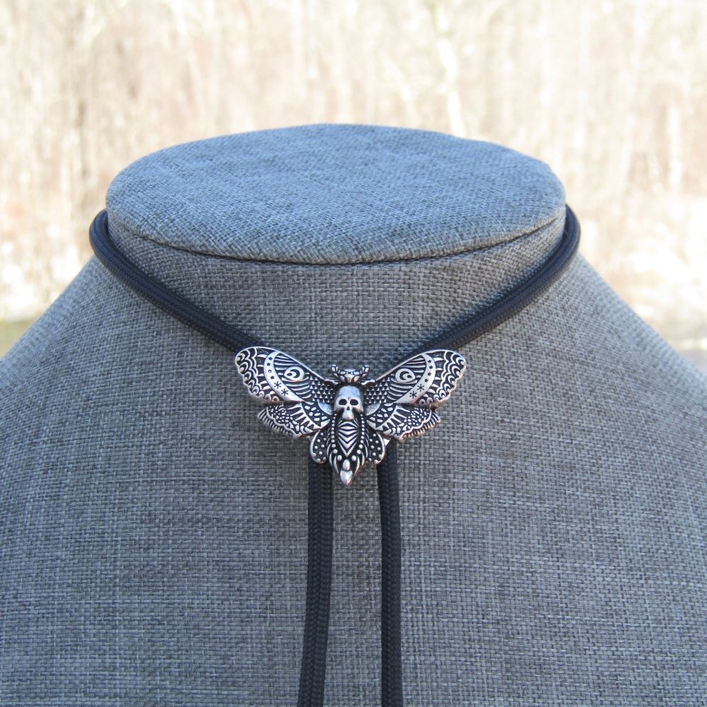 Death Head Moth Bolo on Minimalist Black Cord Silver Color Metals Gothic